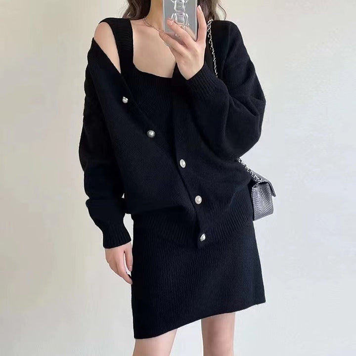 Damen Langstrickkleid mit tiefem V-Ausschnitt und lässiger Knopfleiste Drune