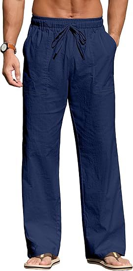 Herren nan leichte Leinenhose mit elastischem Bund, Kordelzug und aufgesetzten Taschen Drune
