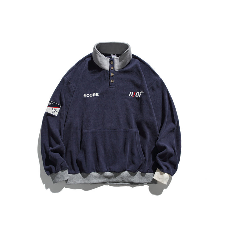 Unisex Fleece-Halbzip-Pullover mit Stehkragen, Kängurutasche und Kontrastbündchen Drune
