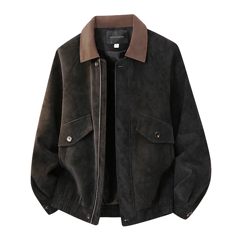 Herren Kurzjacke im Vintage-Arbeiterstil aus Velours‑Optik mit Pattentaschen und elastischem Saum Drune