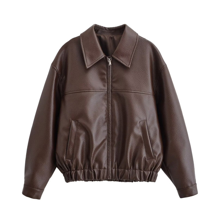 Damen Oversized Kunstleder-Bomberjacke mit Hemdkragen Reißverschluss und elastischem Saum Drune