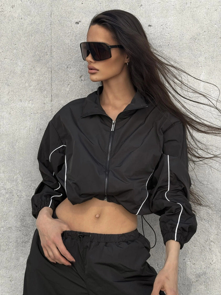 Damen Kurz geschnittene Windbreaker Jacke mit halbem Reißverschluss, Tunnelzug und elastischen Bündchen Drune