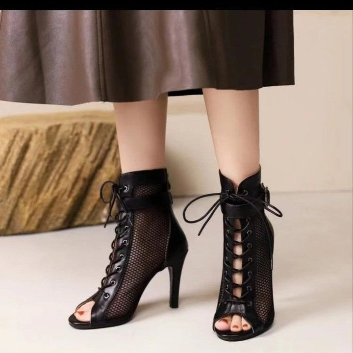 Damen Schnür-Stiletto-Sandalen mit Mesh-Einsatz und eleganter Schnallenverzierung Drune