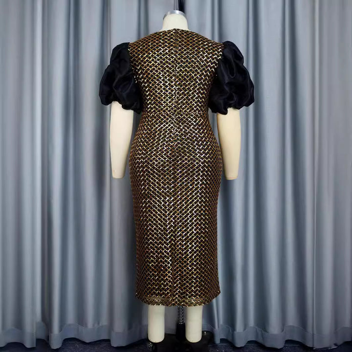 Damen Elegantes Cocktailkleid mit voluminösen Puffärmeln und schimmerndem Netzdesign Drune