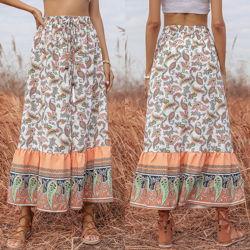 Damen Boho-Maxirock mit Paisley-Alloverprint, elastischem Taillenbund, Tunnelzug und Volantstufe Drune
