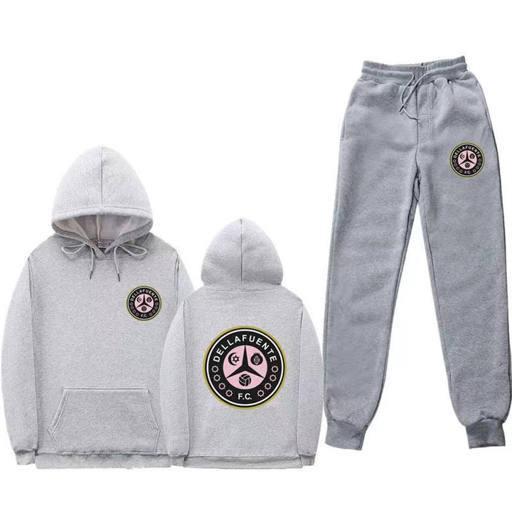 Damen bequeme Freizeit-Lounge-Anzug mit Kängurutasche und modernem Logo Drune