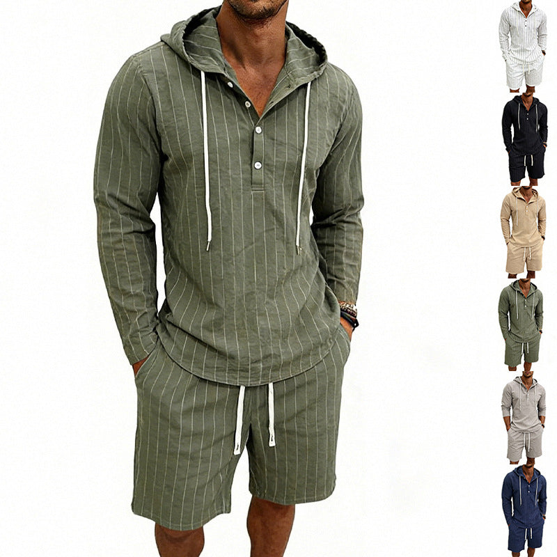 Herren nan gestreiftes Leinenoptik-Kapuzen-Henley-Set mit Tunnelzug-Shorts Drune