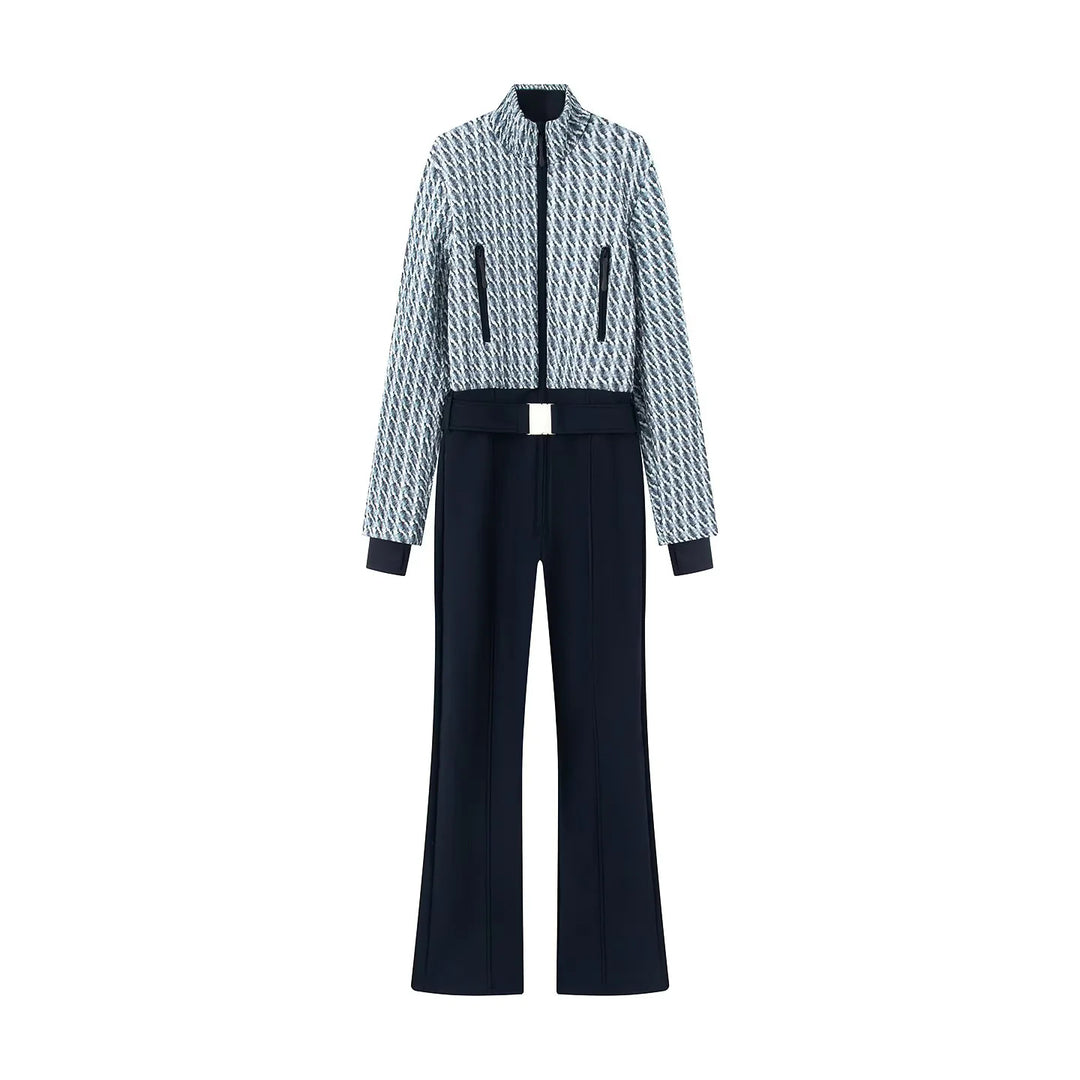 Damen nan elegante Jumpsuit-Kombination mit gesteppter Kurzbomber und weitem Bundfaltenhose Drune