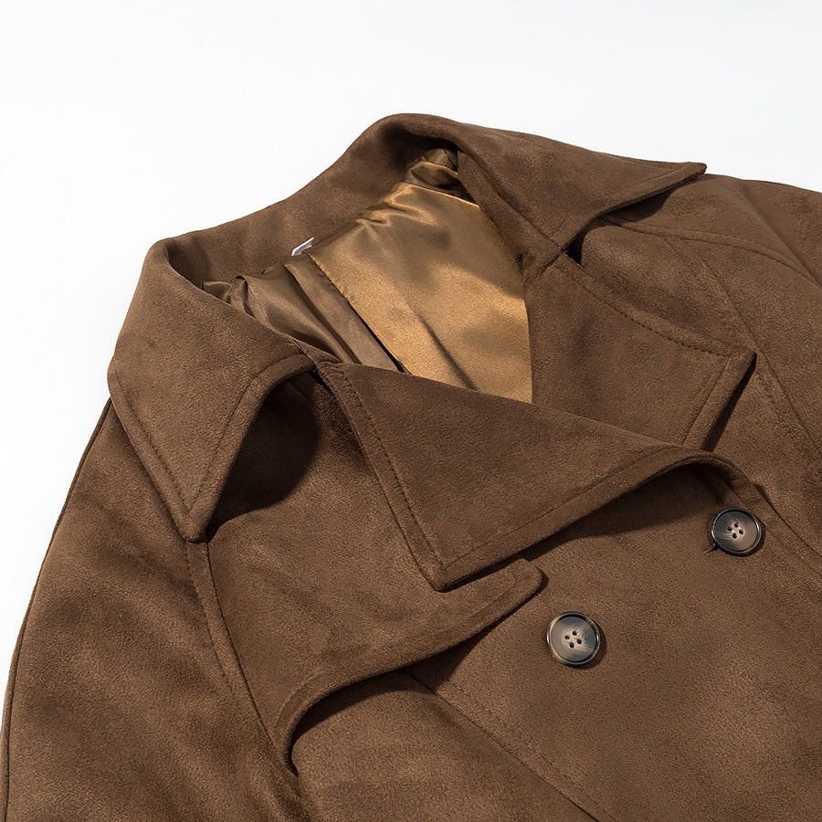 Damen Kurz-Trenchcoat in Wolloptik Doppelreiher mit Taillengürtel Drune