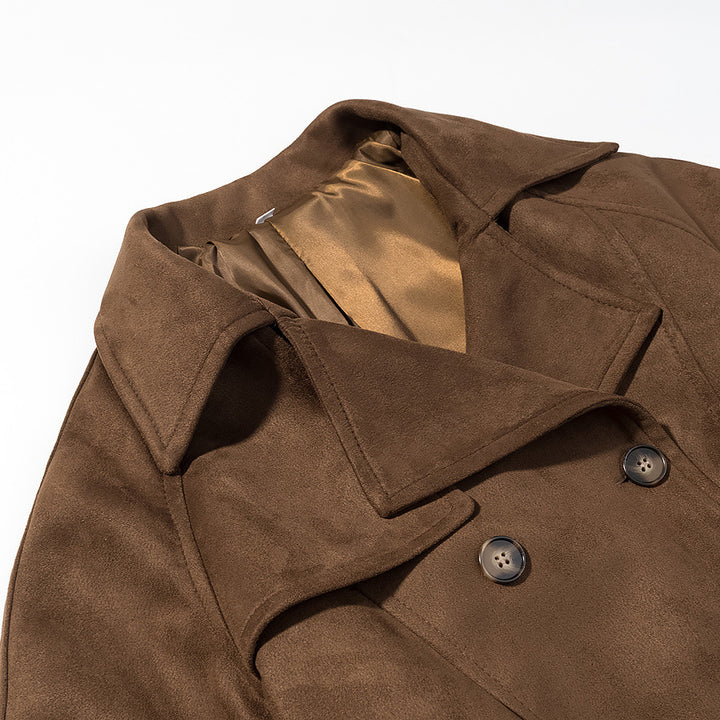 Damen Kurz-Trenchcoat in Wolloptik Doppelreiher mit Taillengürtel Drune