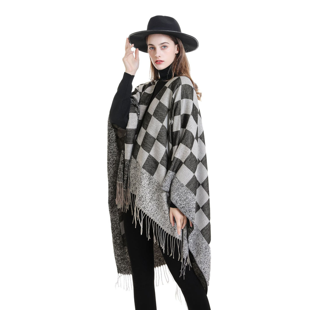 Damen Oversize-Poncho mit Karomuster und Fransen Drune