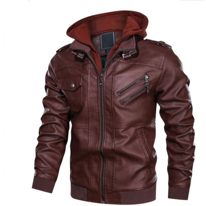 Herren Lederjacke im modernen Biker-Stil mit abnehmbarer Kapuze Drune