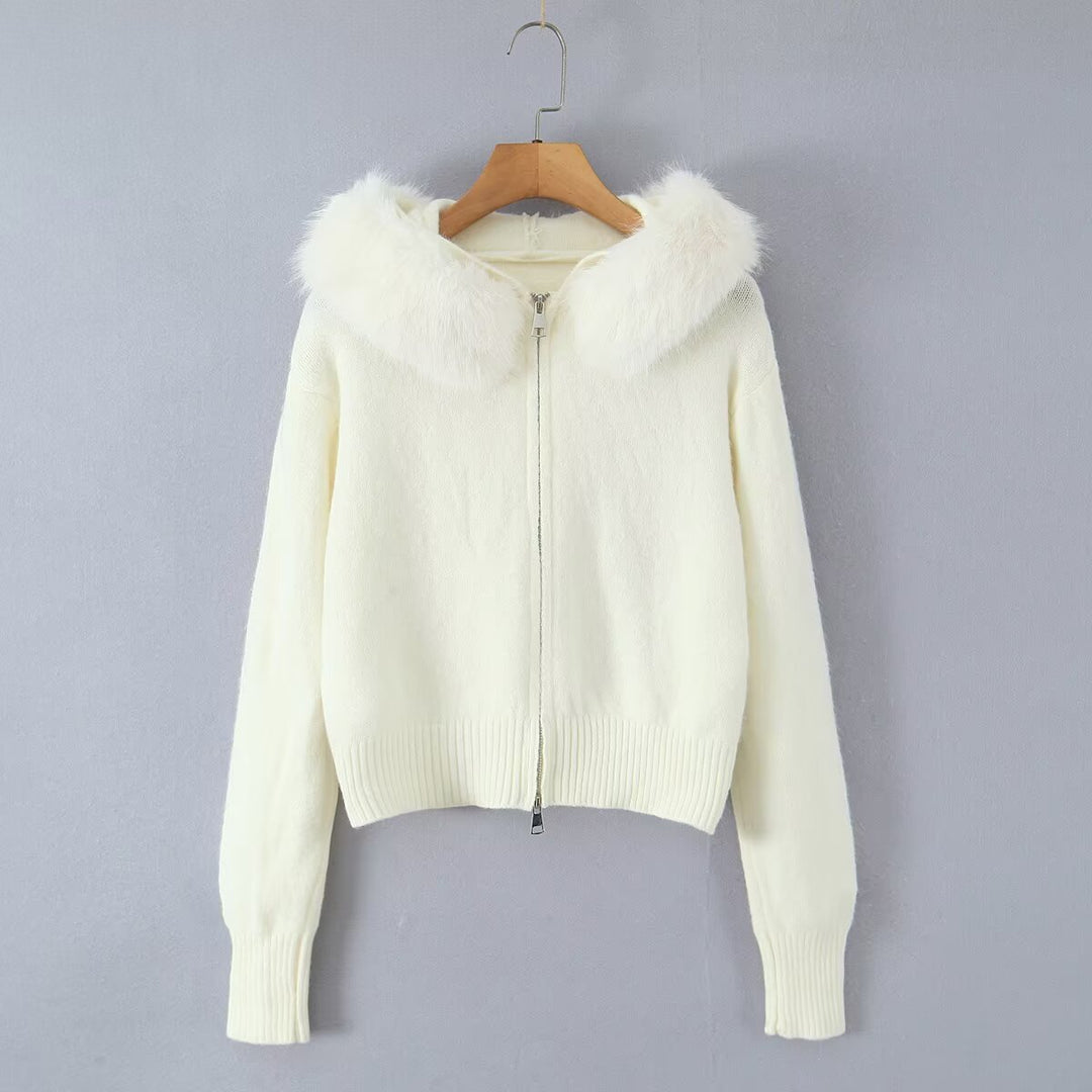 Damen Kurze Strickjacke mit Reißverschluss und abnehmbarem Kunstpelzkragen Drune