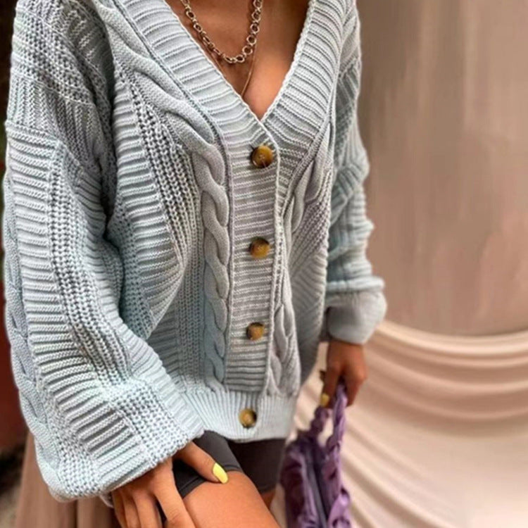 Damen Strickjacke mit tiefem V-Ausschnitt und großen Knöpfen Drune