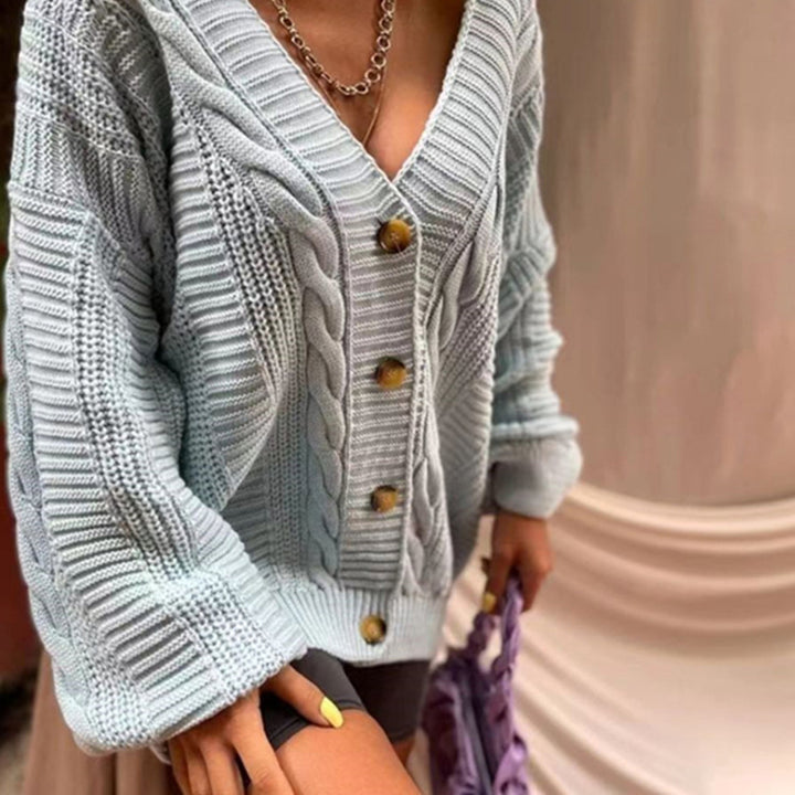 Damen Strickjacke mit tiefem V-Ausschnitt und großen Knöpfen Drune