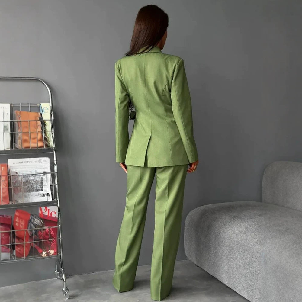 Damen Taillierter Blazer‑Mantel mit Bindegürtel und weiten Anzughosen Drune