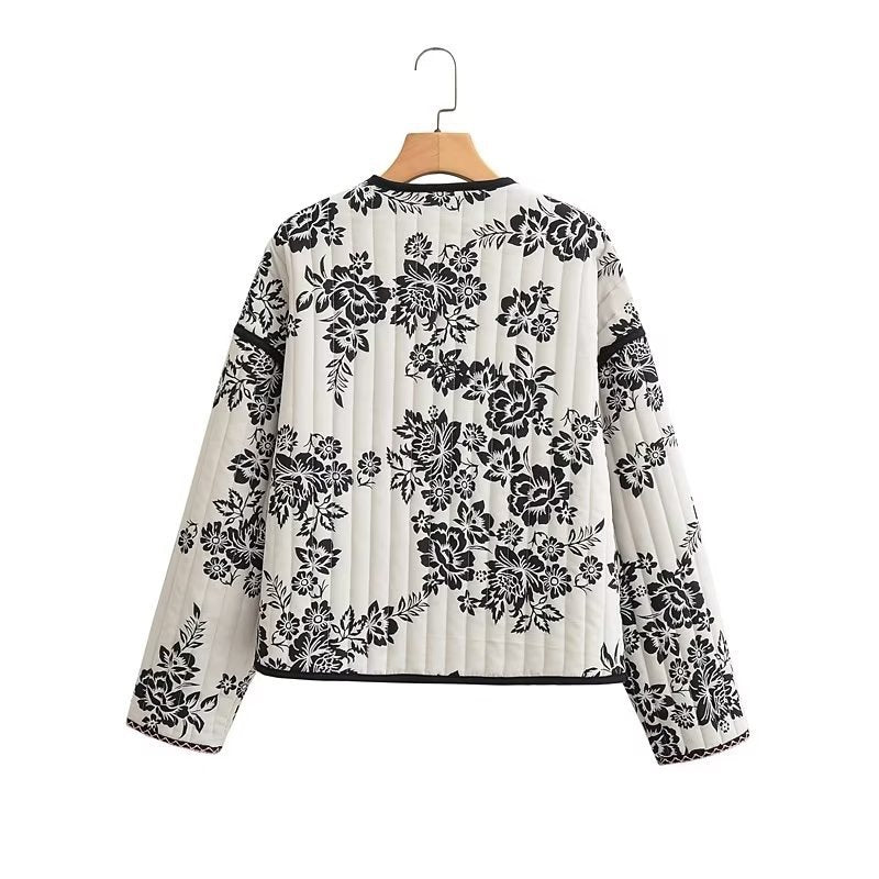 Damen Gestepptes Kurzblouson mit floralem Allover-Print und Bindeschleifen Drune