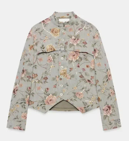 Damen Cropped gesteppte Blousonjacke mit botanischem Blumenprint und Mandarin‑Stehkragen Drune