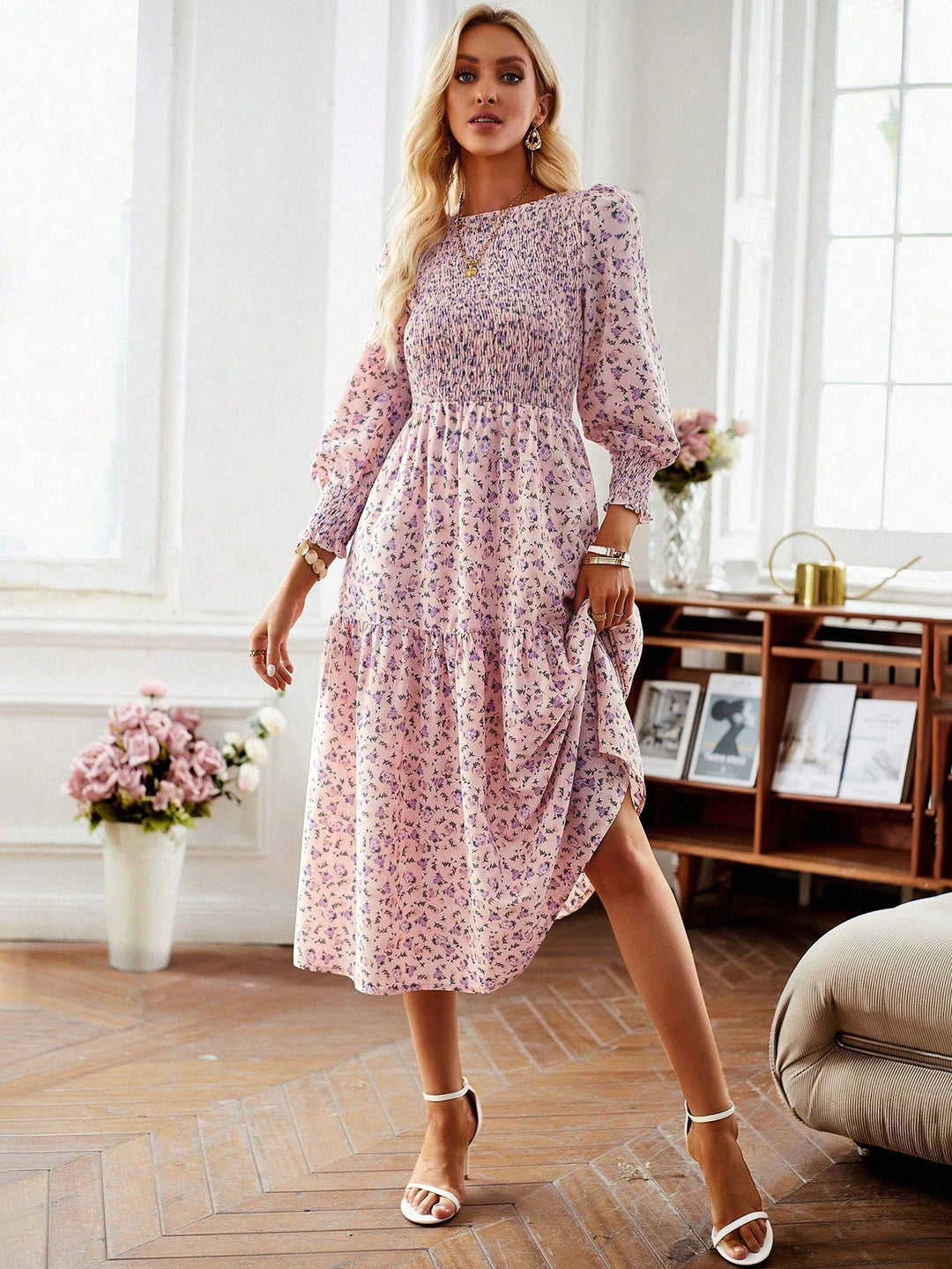 Damen florales Midi-Kleid mit geraffter Taille und langen Ärmeln Drune