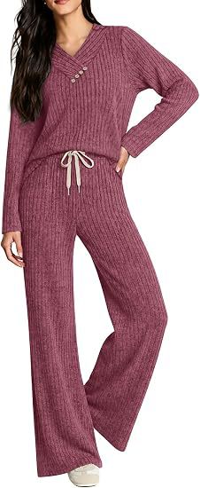 Damen Weiches Rippstrick-Lounge-Set mit V-Ausschnitt und Kordelbund Drune