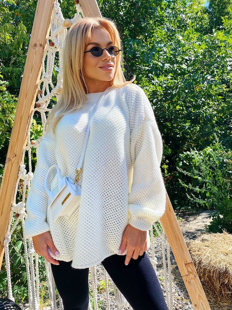 Damen luftiger Strickpullover mit lockerer Passform und voluminösen Ärmeln Drune
