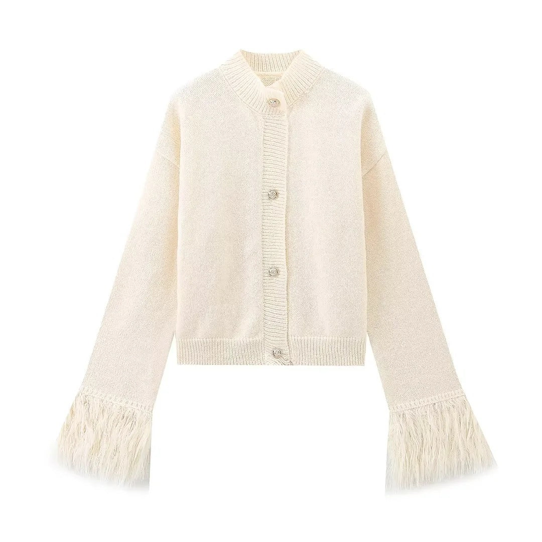 Damen lässige Strickjacke mit dekorativen Fransen und hochwertigen Knöpfen Drune