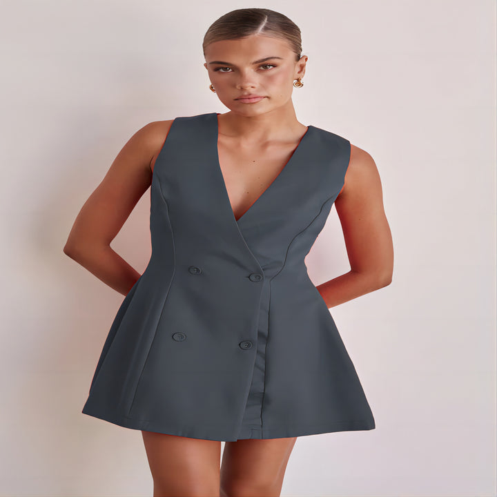 Damen Blusenkleid mit tiefem V-Ausschnitt und doppelter Knopfleiste Drune