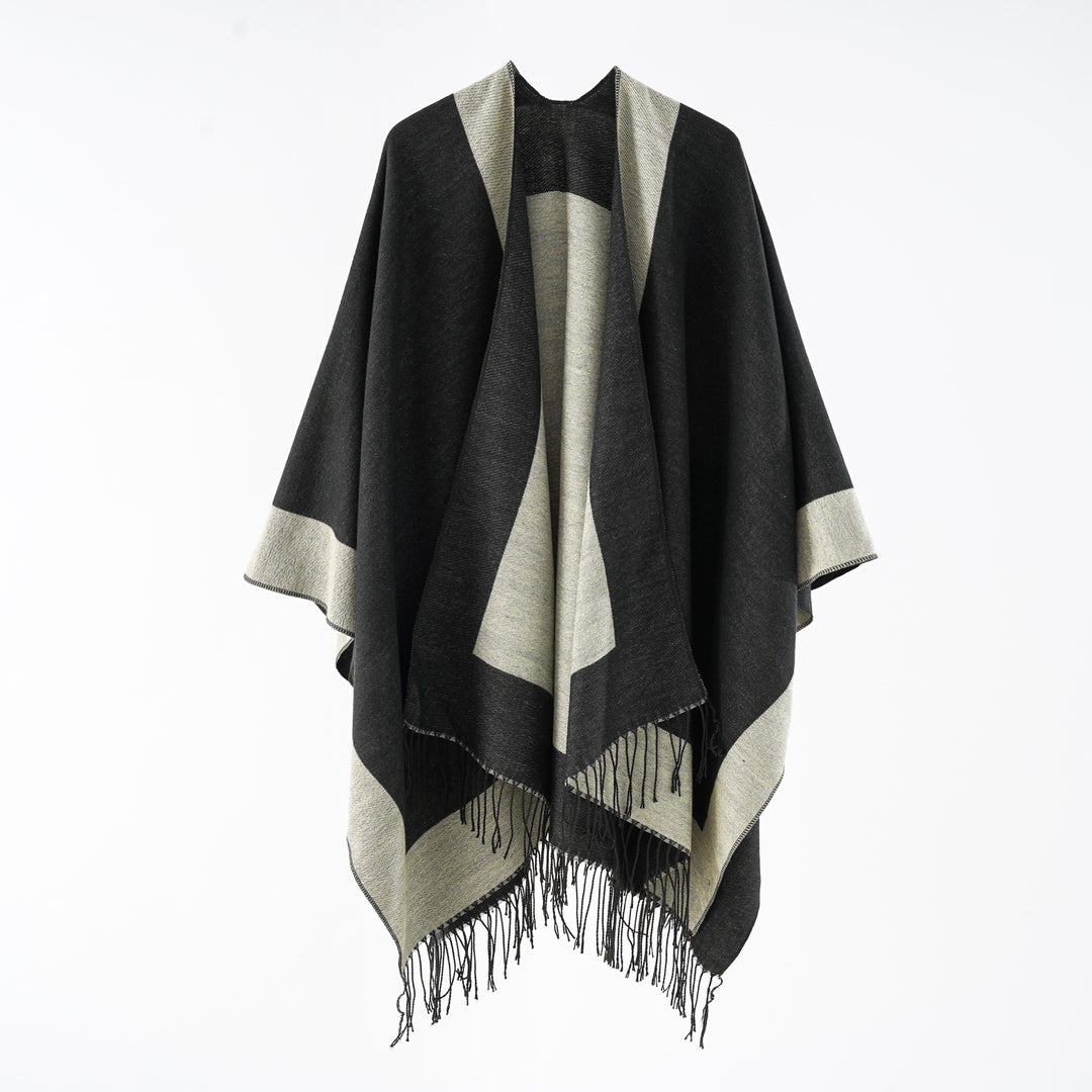 Damen Oversize-wendbarer Capeponcho aus Wollmix mit Fransen Drune