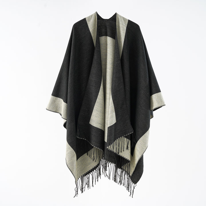 Damen Oversize-wendbarer Capeponcho aus Wollmix mit Fransen Drune