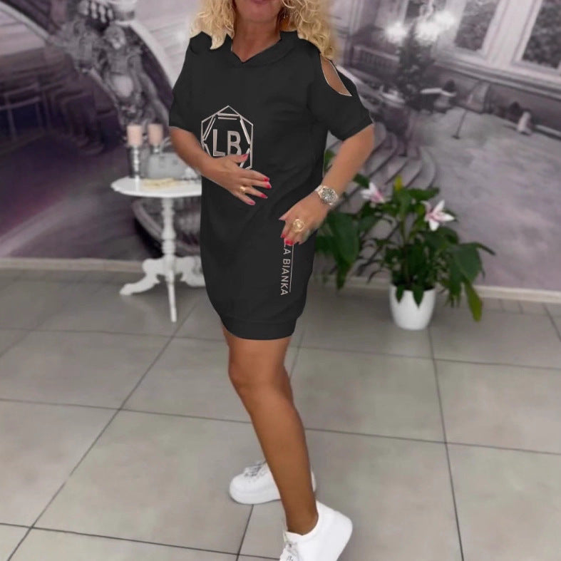 Damen nan sportliches Kapuzen-Tunika-Kleid mit Schulterauschnitten und Logoprint Drune