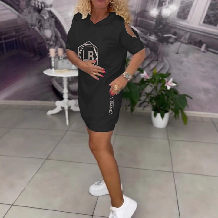 Damen nan sportliches Kapuzen-Tunika-Kleid mit Schulterauschnitten und Logoprint Drune