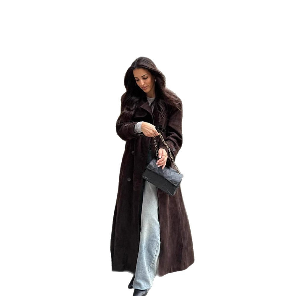 Damen Langer Velours-Trenchcoat mit Bindegürtel und Reverskragen Drune