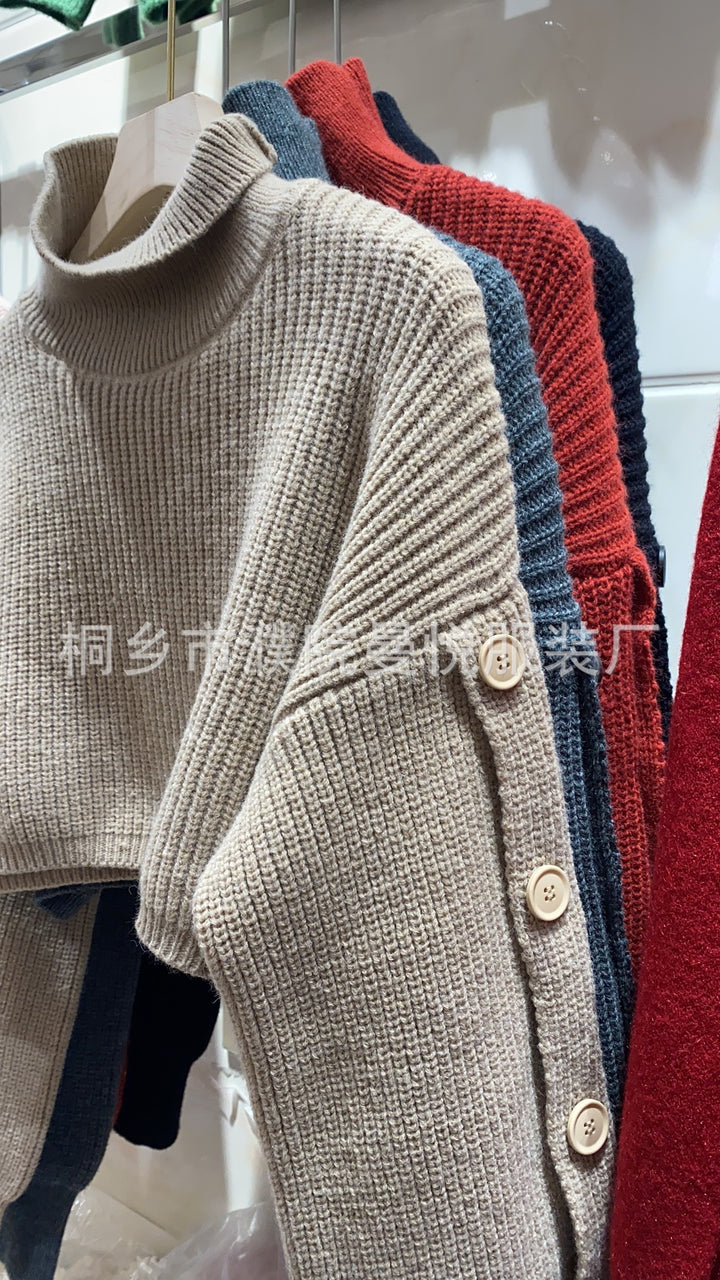 Damen Kurzgeschnittener Rollkragen-Bolero-Überwurf mit langen Ärmelknöpfen Drune