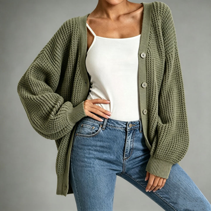 Damen Oversize Grobstrick-Cardigan mit Ballonärmeln und Knopfleiste Drune