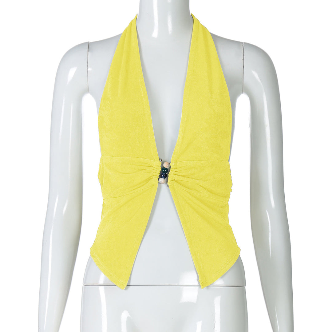 Damen Haltertop mit eleganter Raffung und dekorativen Perlen Drune