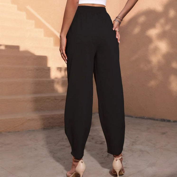 Damen elegante, lockere Stoffhose mit elastischem Bund Drune