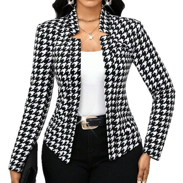 Damen elegante Blazerjacke mit Hahnentrittmuster und tailliertem Schnitt Drune