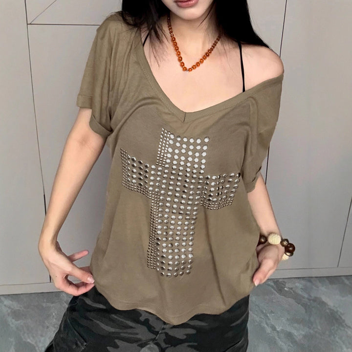 Damen stylisches Oversized T-Shirt mit Kreuz-Print und Glitzerdetails Drune
