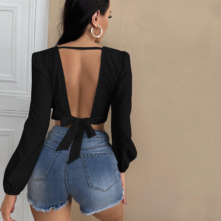 Damen cropped Oberteil mit tiefem V-Ausschnitt und eleganten Puffärmeln Drune