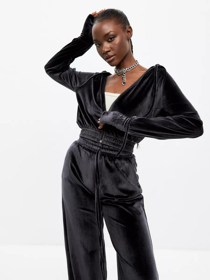 Damen Velours-Cropped-Hoodie und High-Waist Palazzo-Jogginghose Set Drune