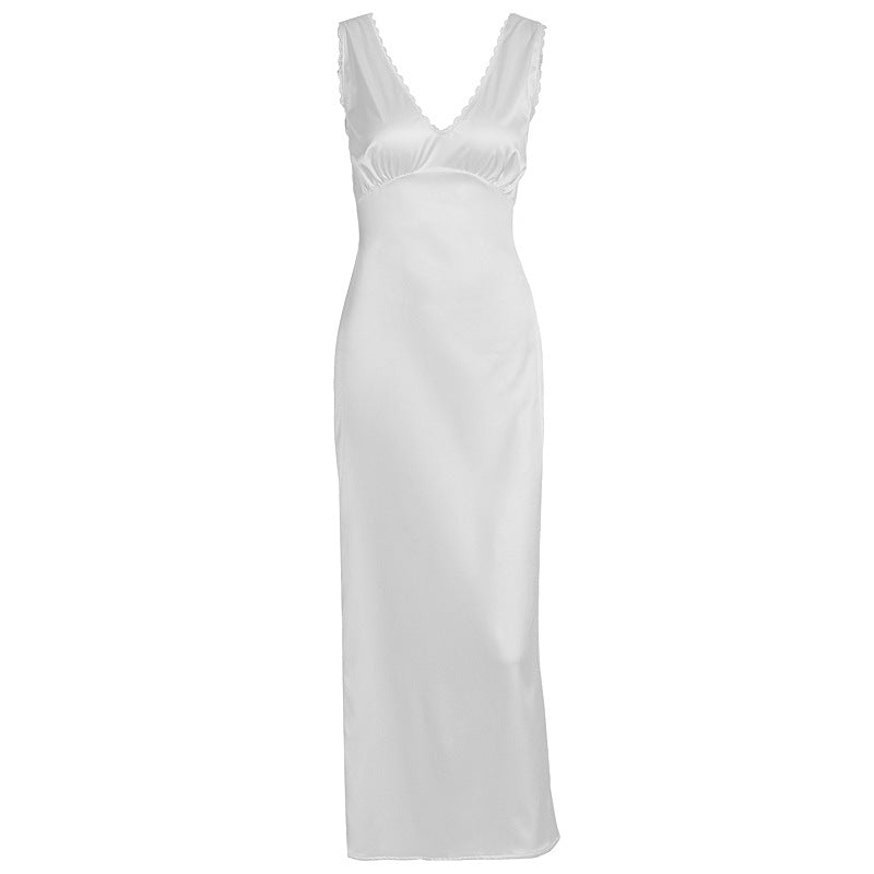 Damen elegantes Satin-Nachtkleid mit tiefem V-Ausschnitt und breiten Trägern Drune