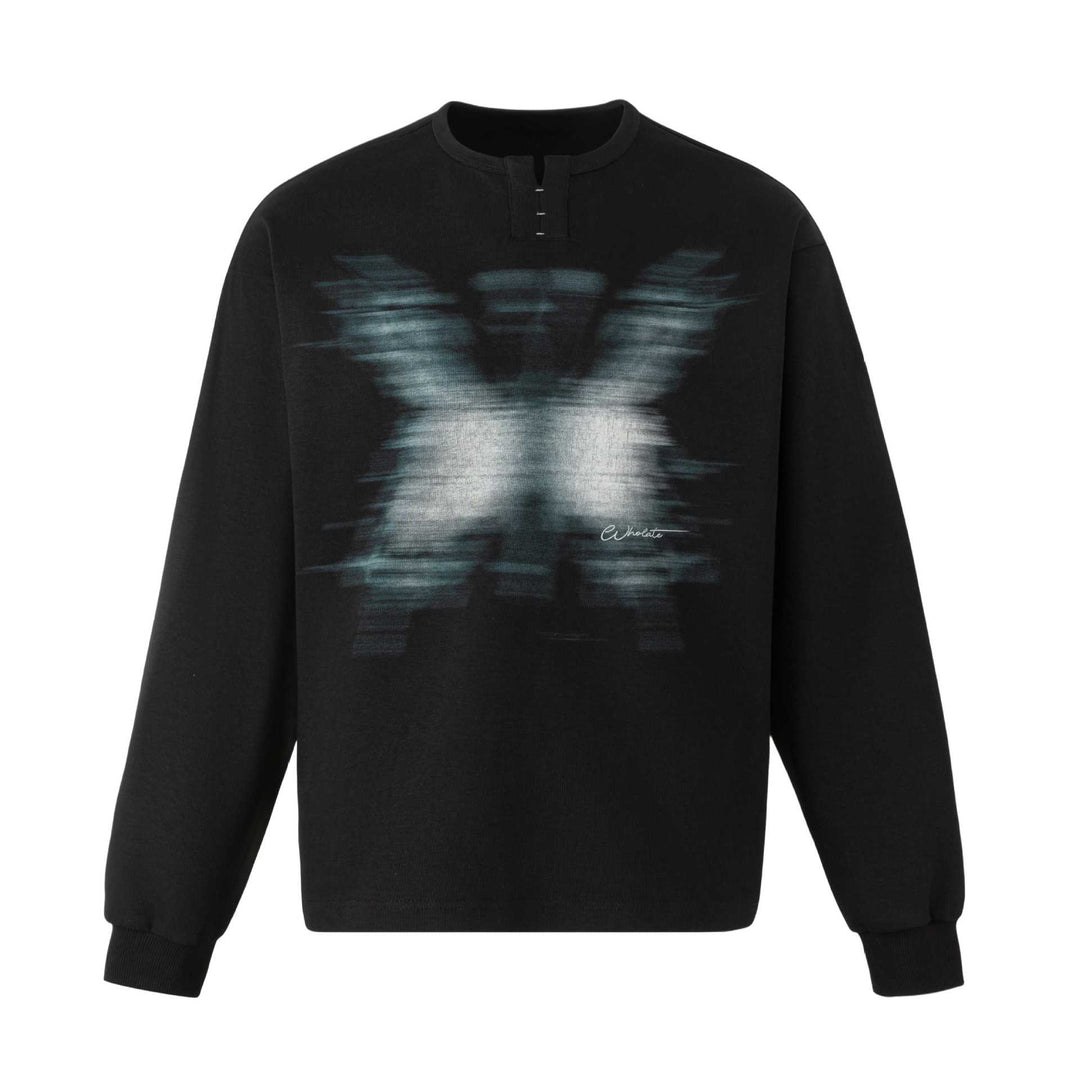 Unisex Oversize Sweatshirt mit kurzem Henley‑Placket und verschwommenem Grafikprint Drune