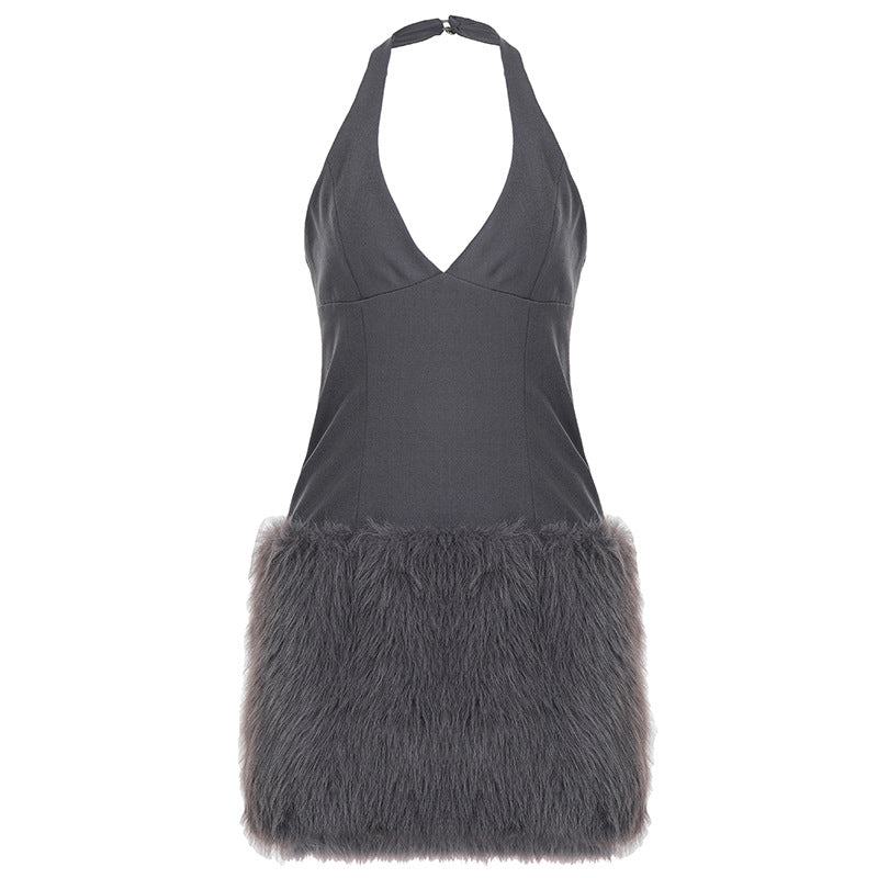 Damen elegantes Abendkleid mit gefüttertem Fellbesatz Drune