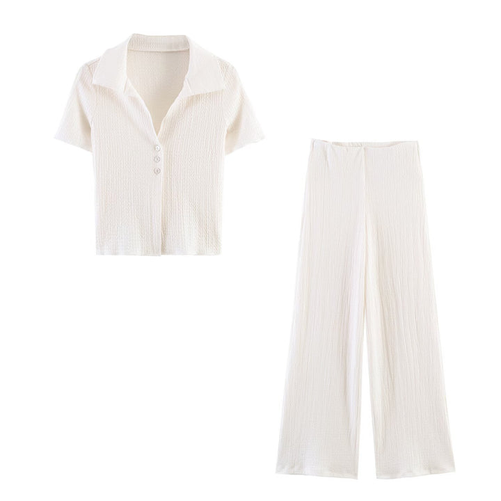 Damen Zweiteiliges Feinstrick-Set mit Kurzarm-Polokragen-Top und High‑Waist Weitbein‑Hose Drune