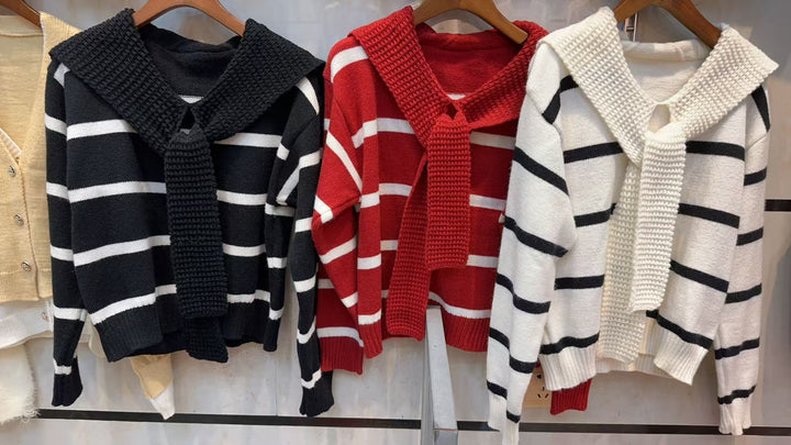 Damen gestreifter Pullover mit weichem Kragen und praktischer Schlaufe Drune