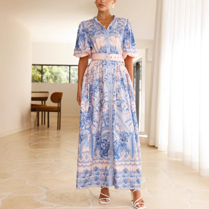Damen Maxikleid mit floralem Knopfleisten-Design und tailliertem Gürtel Drune