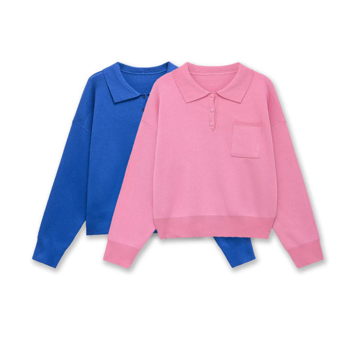 Damen Strick-Polo-Pullover mit Knopfleiste, Brusttasche und überschnittener Schulter Drune