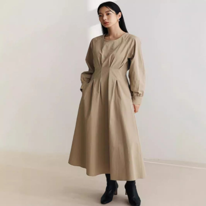 Damen Maxikleid mit Taillenabnähern, Rundhalsausschnitt und voluminösen Manschetten Drune