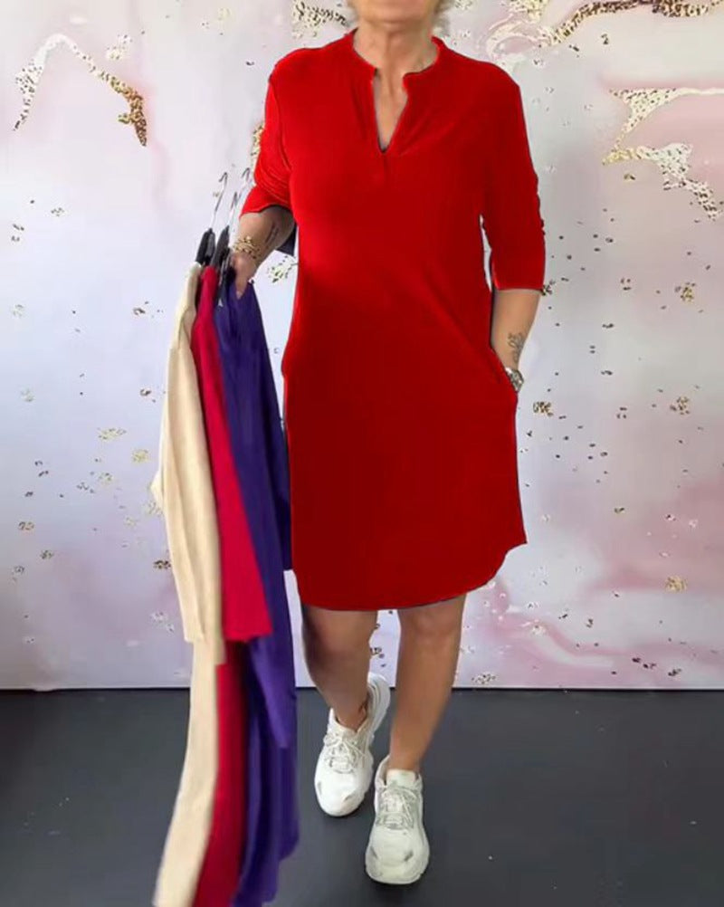 Damen nan knielanges legeres Jerseykleid mit Stehkragen und V-Ausschnitt Drune