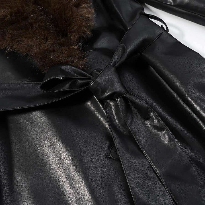 Damen eleganter Kunstleder-Mantel mit abnehmbarem Kunstfellkragen Drune